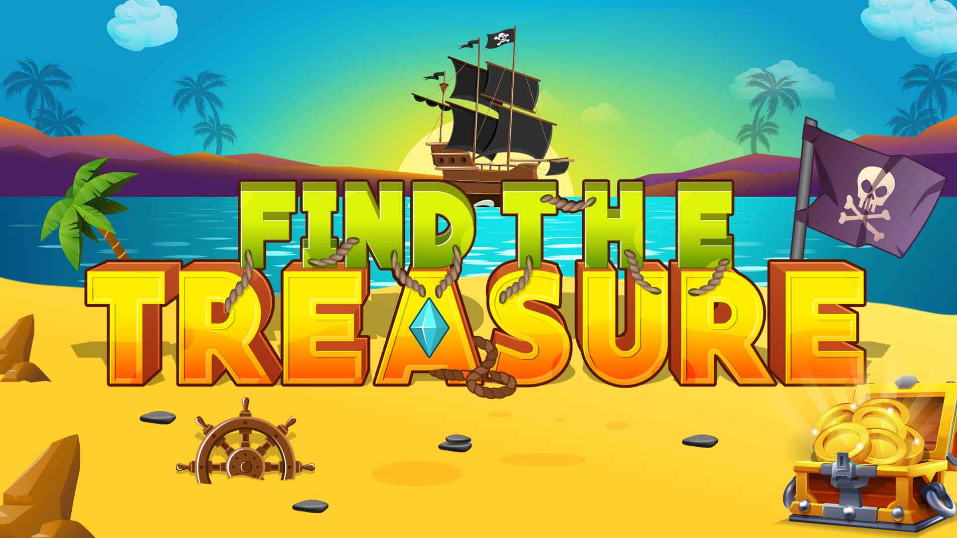Treasure 桌布 壁紙 — 色彩繽紛的海盜場景，沙灘上有一個打開的寶箱，天空明亮，有船和棕櫚樹。
