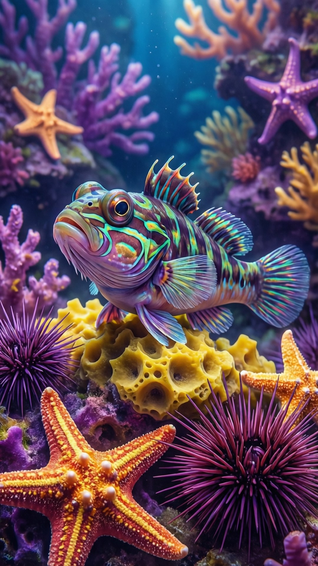 色彩斑斕的魚在珊瑚和海星之間，陽光普照的海洋