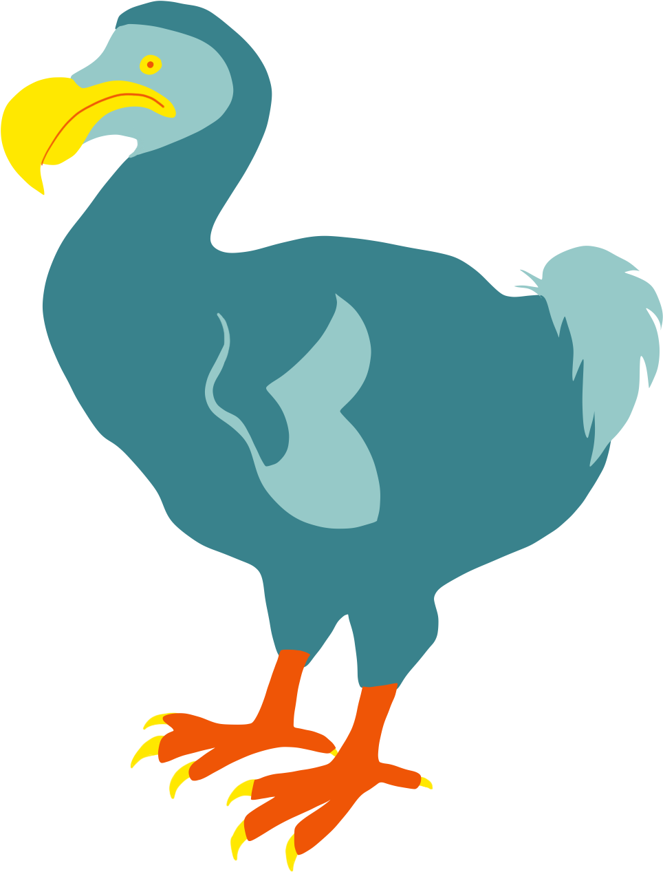 色彩繽紛的渡渡鳥插畫 壁紙 — 一隻風格化的藍色渡渡鳥，有黃色喙和橙色腳，站在黑色背景前。