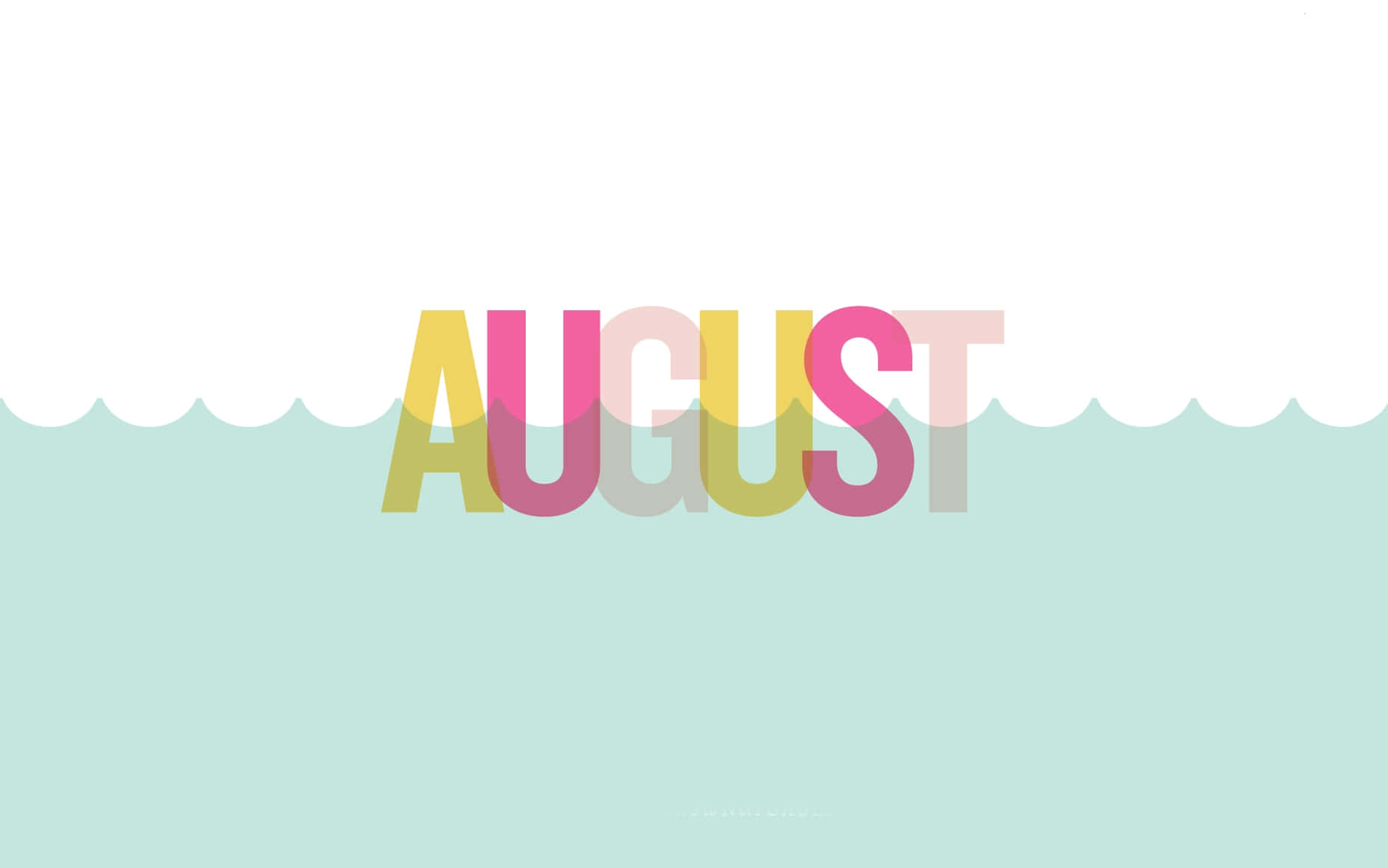 August 桌布 壁紙 — 色彩繽紛的漸變字母「August」漂浮在薄荷綠背景上的扇形波浪上方。