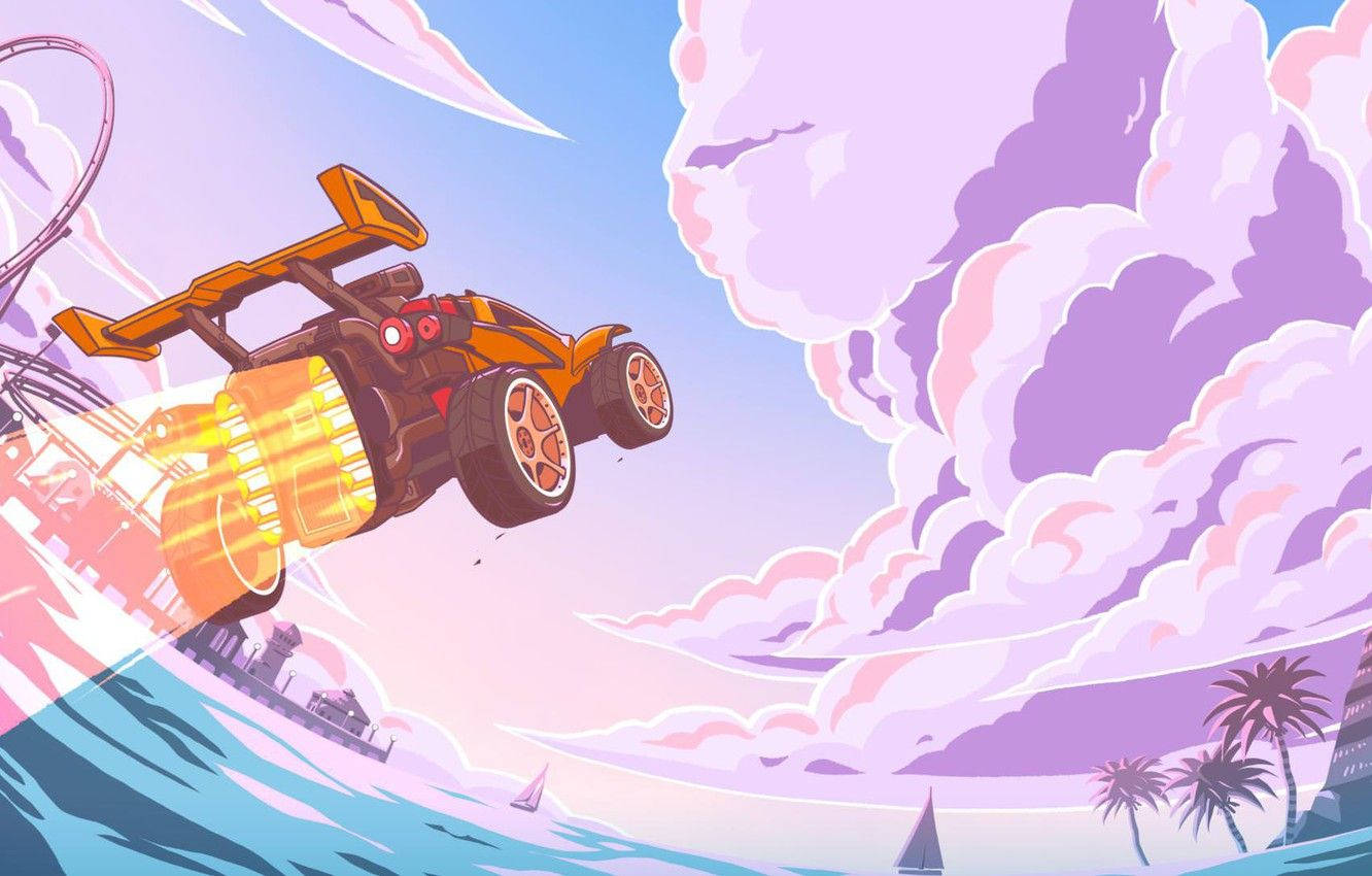 未來賽車飛越海洋，有棕櫚樹和粉彩雲。