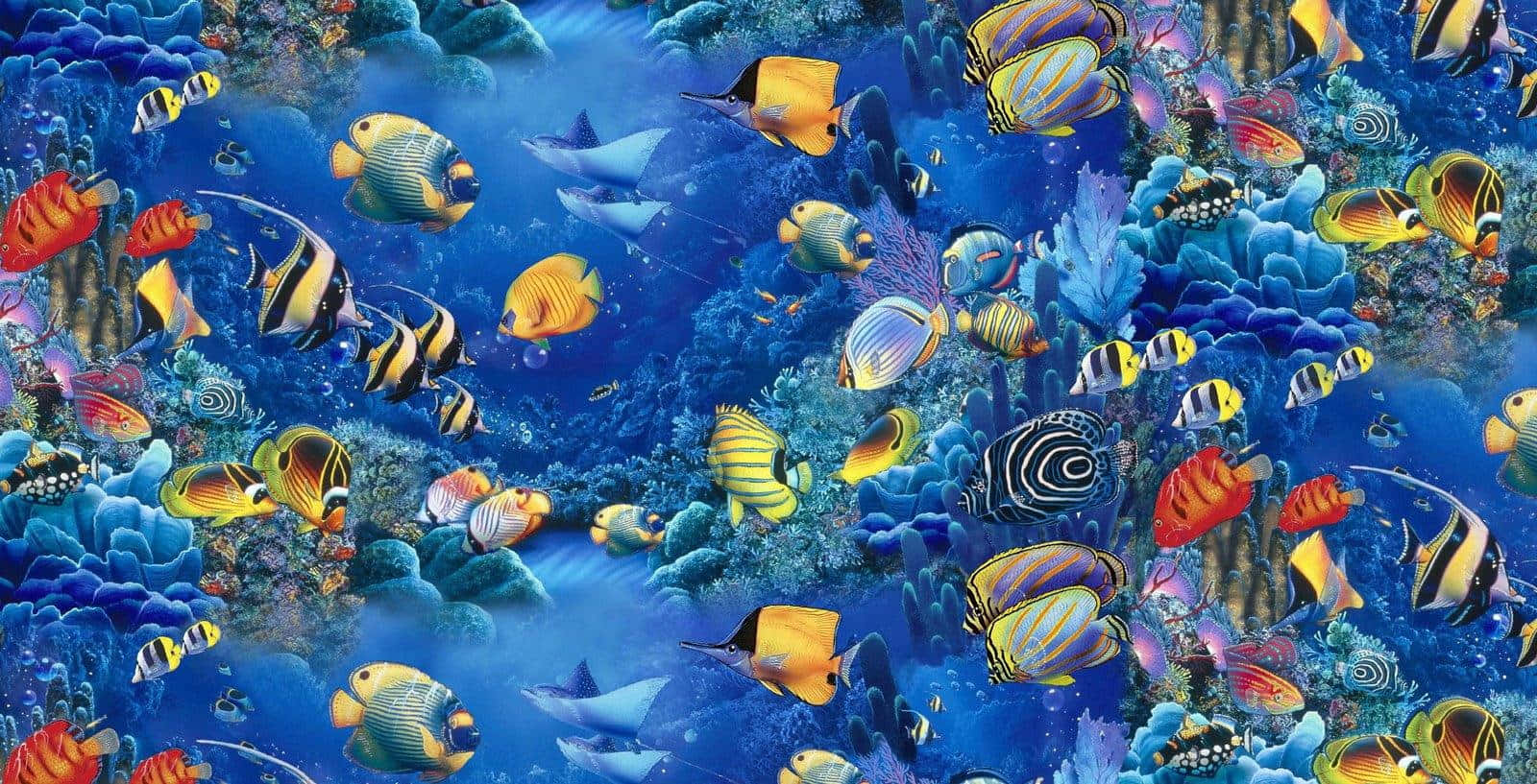 水族箱 桌布 壁紙 — 色彩繽紛的熱帶魚在深藍色海洋中穿梭於多彩的珊瑚礁之間。