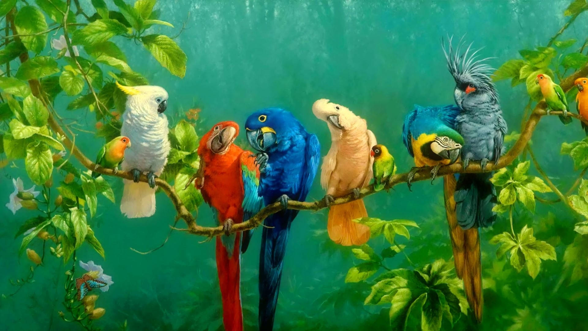 Painting 桌布 壁紙 — 色彩繽紛的熱帶鸚鵡棲息在樹枝上，周圍是茂密的綠色樹葉，陽光斑駁。
