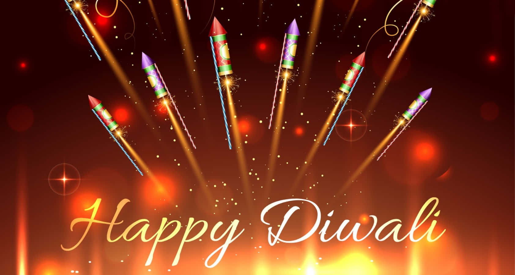 Happy Diwali 桌布 壁紙 — 色彩繽紛的爆竹在閃爍的燈光和「Happy Diwali」文字的發光紅色背景上向上飛升。