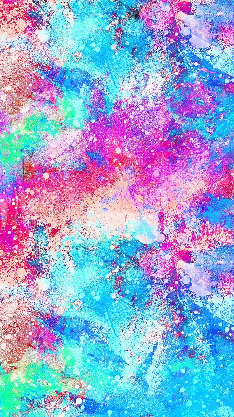 色彩繽紛的爆裂 壁紙 — 在紋理畫布上，粉紅色、藍色和藍綠色的鮮豔抽象潑濺，帶有白色斑點。