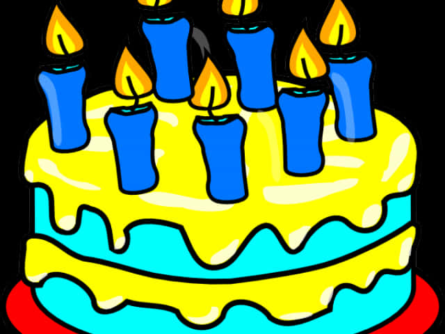 色彩繽紛的生日蛋糕蠟燭插畫 壁紙 — 卡通生日蛋糕，帶有滴落的黃色和藍色糖霜，頂部有燃燒的藍色蠟燭，背景為黑色。
