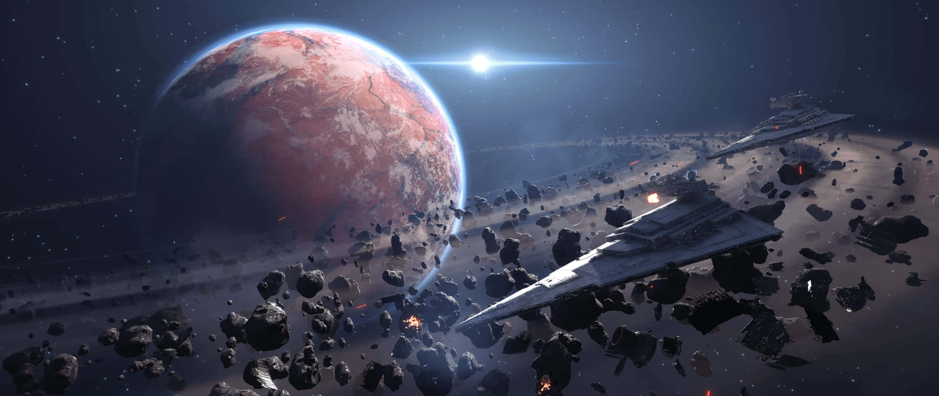 星際戰機在太空中紅色行星附近的小行星帶飛行。