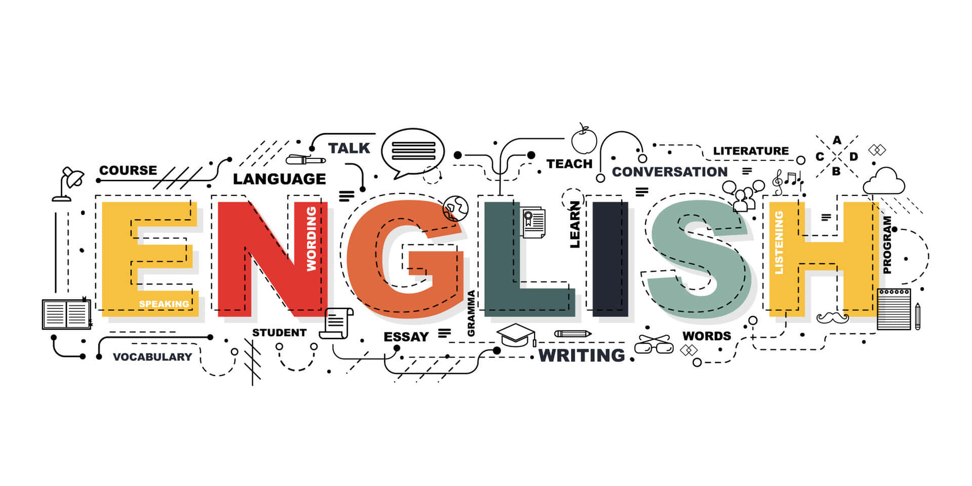 English 桌布 壁紙 — 色彩繽紛的粗體字母拼出「ENGLISH」一詞，周圍環繞著與語言學習相關的圖標和術語。