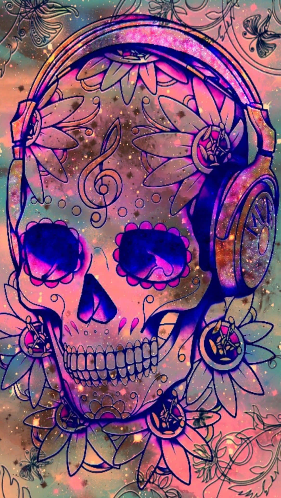 色彩繽紛的糖骷髏背景 壁紙 — 一個充滿活力的數位頭骨，飾有花朵和耳機，在宇宙漸變背景上發光。