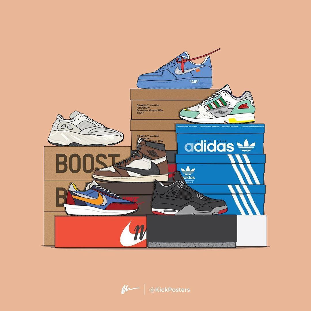 以平面插圖風格堆疊的熱門運動鞋型號及其品牌鞋盒。 — Adidas GIF 壁紙