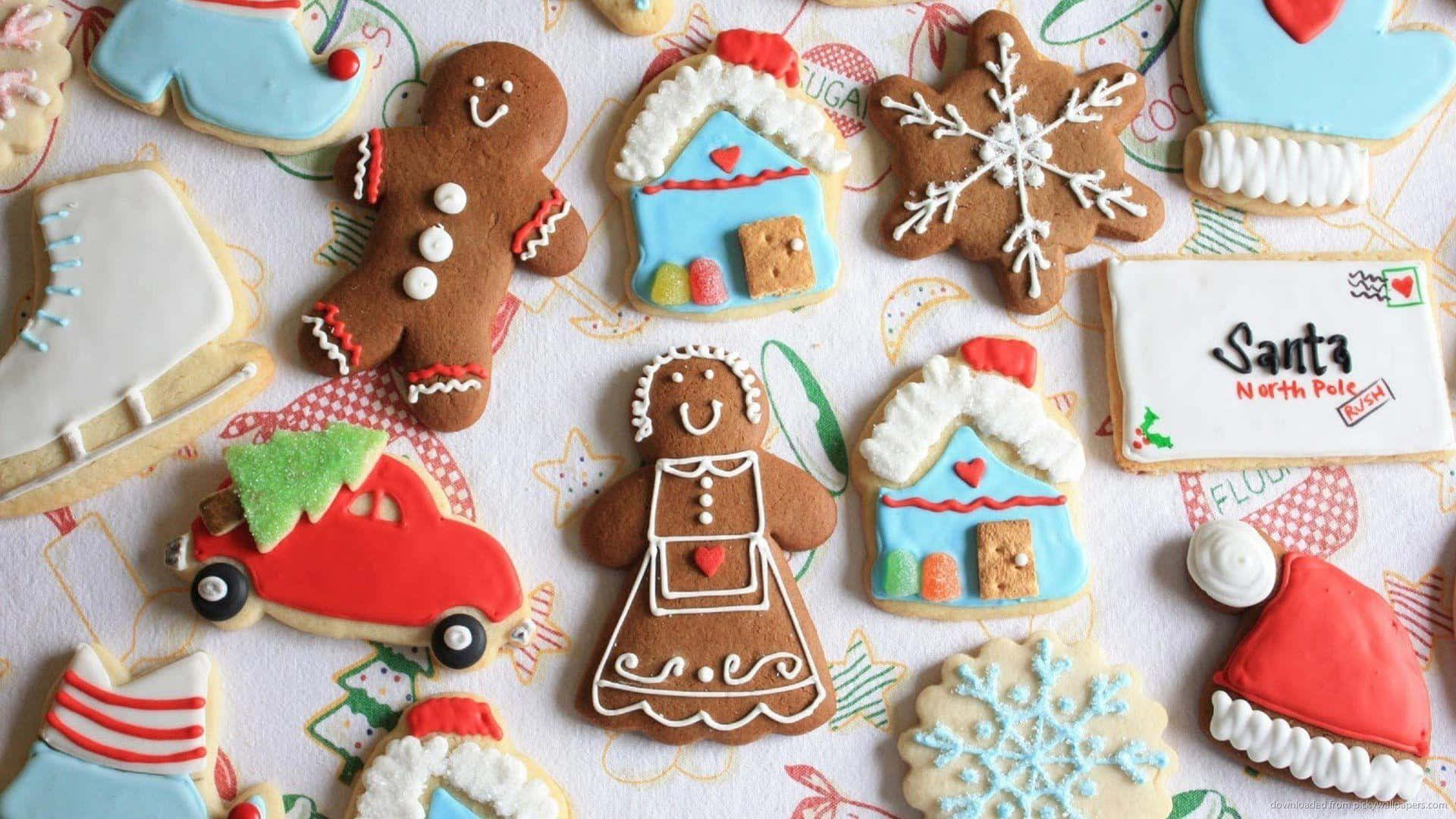 Bakery 桌布 壁紙 — 色彩繽紛的聖誕曲奇，造型包括薑餅人、房子、雪花和一輛紅色汽車，排列在節日圖案紙上。