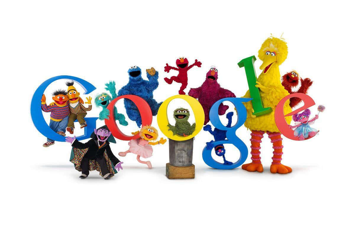 Sesame Street 桌布 壁紙 — 色彩繽紛的芝麻街角色在乾淨的白色背景上圍繞Google標誌愉快地擺姿勢。