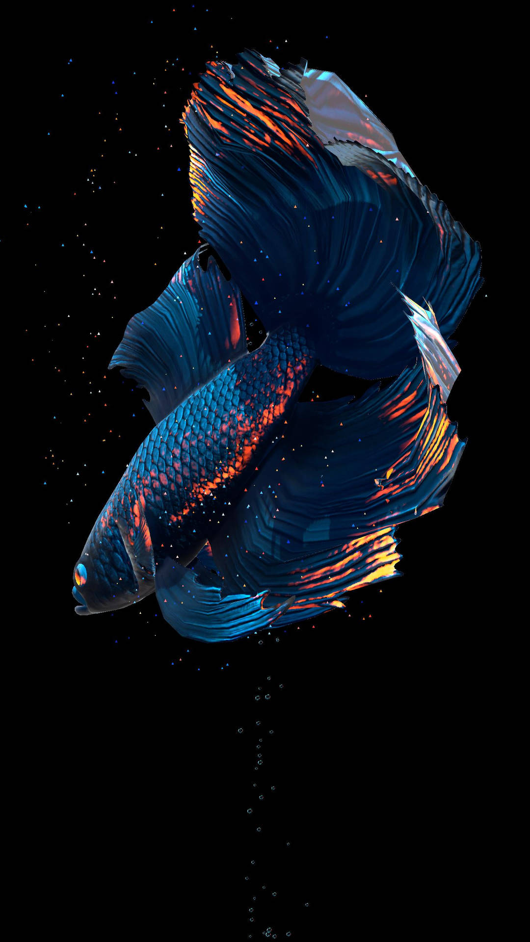 一條發光的藍色和橙色鬥魚在佈滿星星的虛空中游動，伴有氣泡。