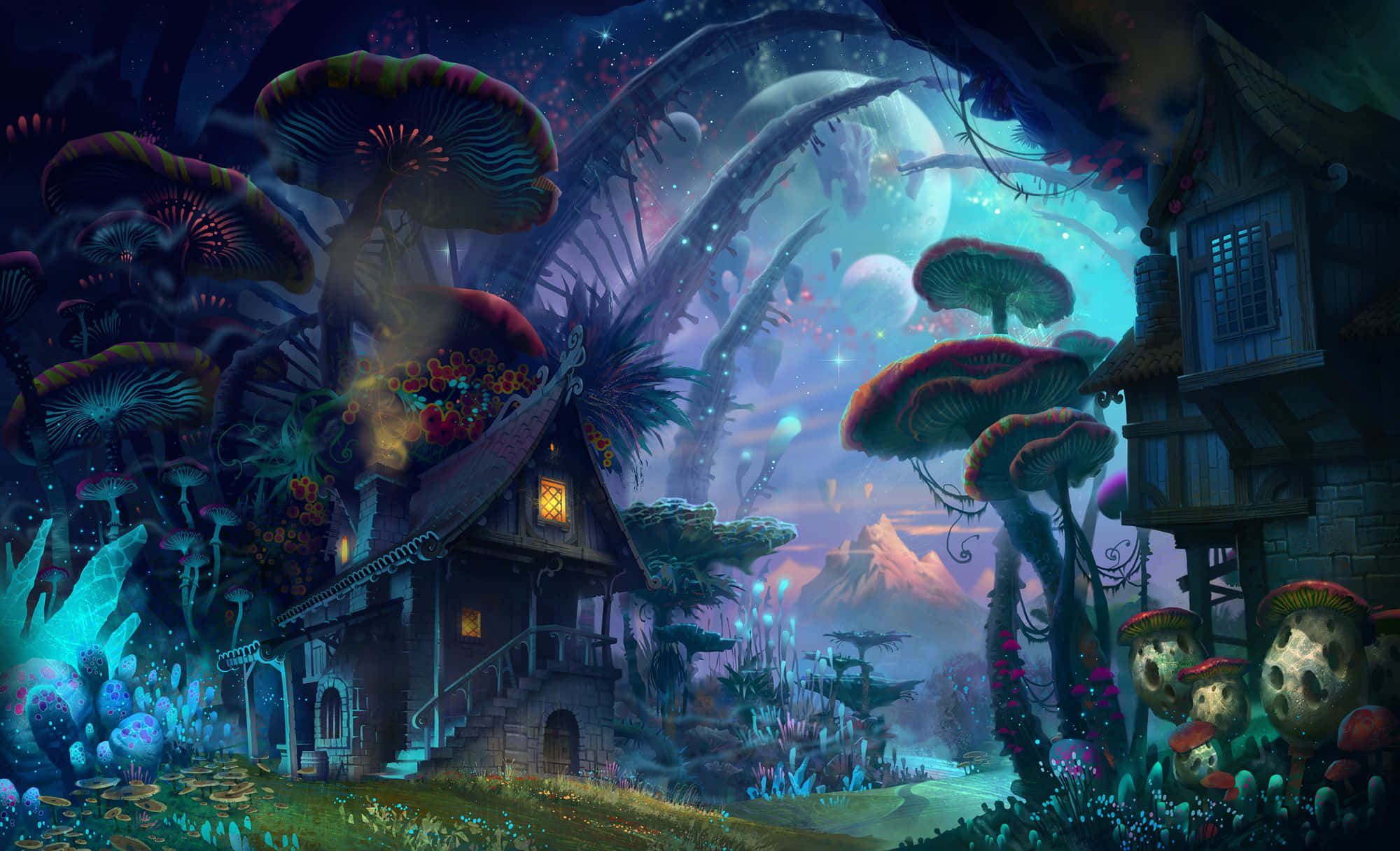 色彩繽紛的蘑菇盛景 壁紙 — 一間奇幻小屋坐落在巨型發光蘑菇之間，上方是繁星點點的暮色天空，還有漂浮島嶼。