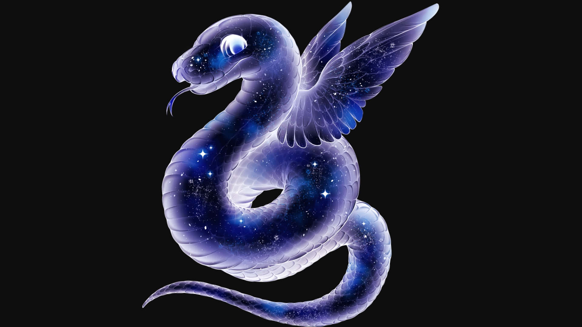 天蛇，帶有星體和發光翅膀，黑色背景