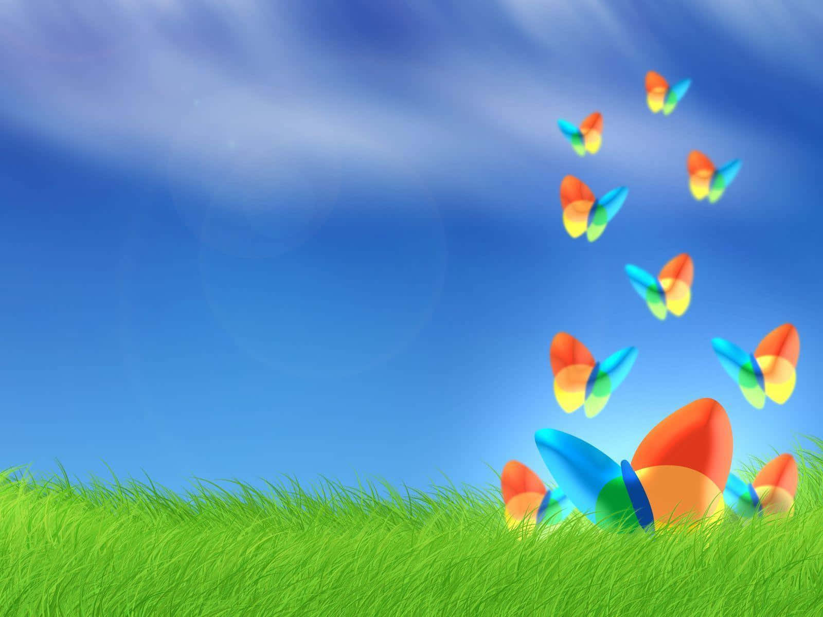 Windows Vista 桌布 壁紙 — 色彩繽紛的蝴蝶在晴朗藍天和柔和白雲下，從茂盛綠草中翩翩飛起。