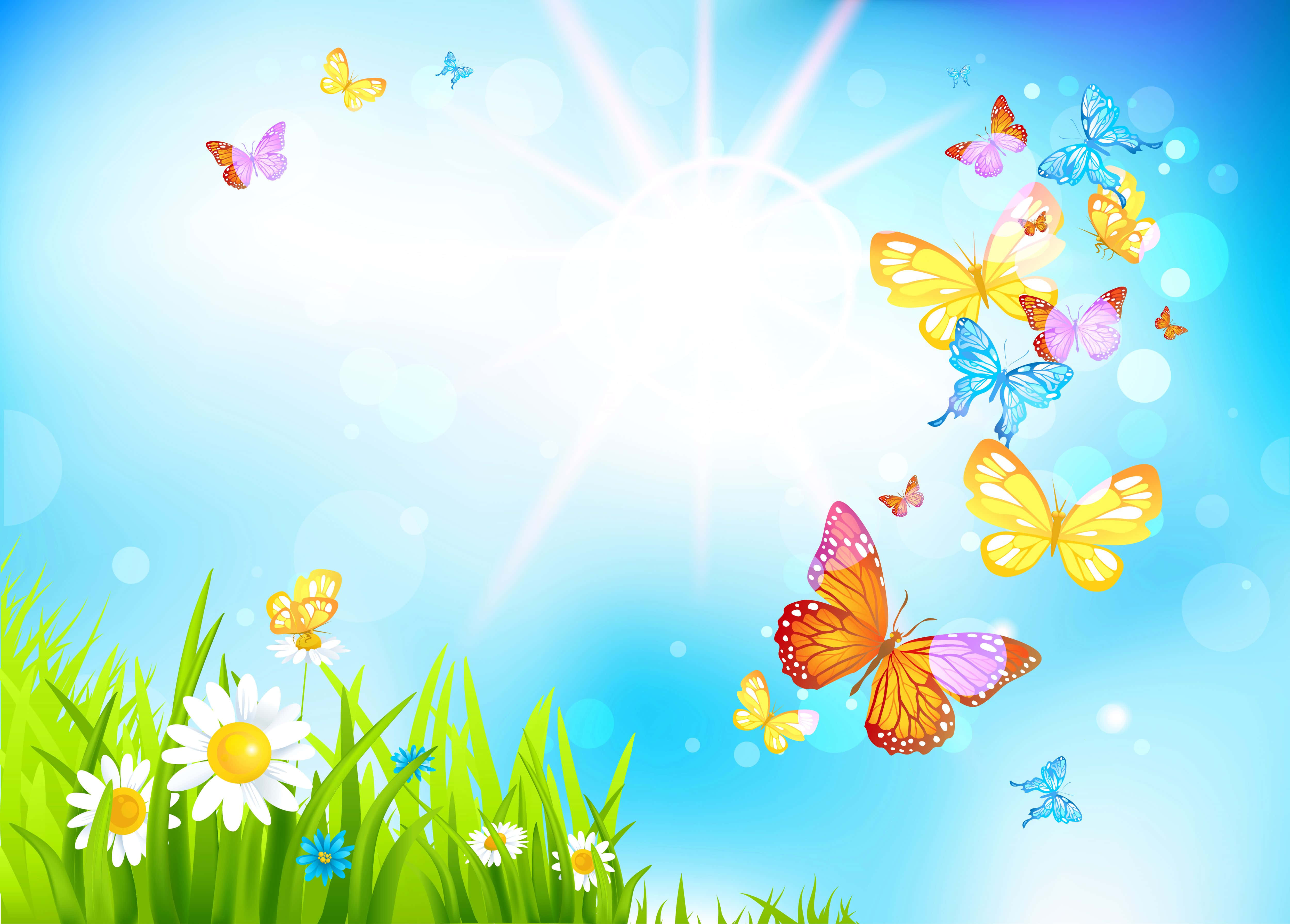 Spring Butterflies 桌布 壁紙 — 色彩繽紛的蝴蝶在雛菊和草地田野上空翩翩飛舞，天空明亮，陽光四射。
