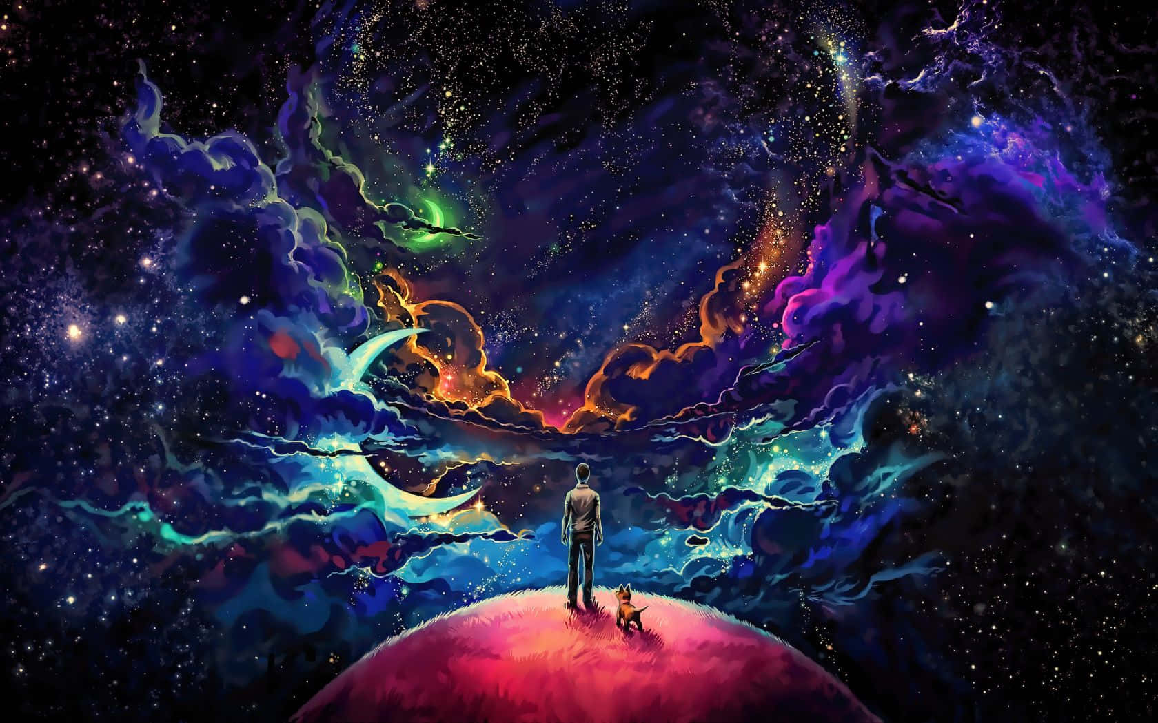 一個男人和他的狗在行星上觀看色彩繽紛的星空。