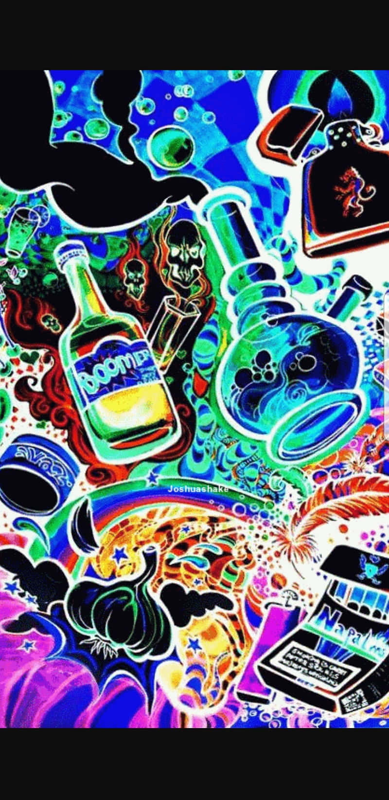迷幻藝術拼貼畫，帶有發光的瓶子、頭骨和旋轉的色彩。