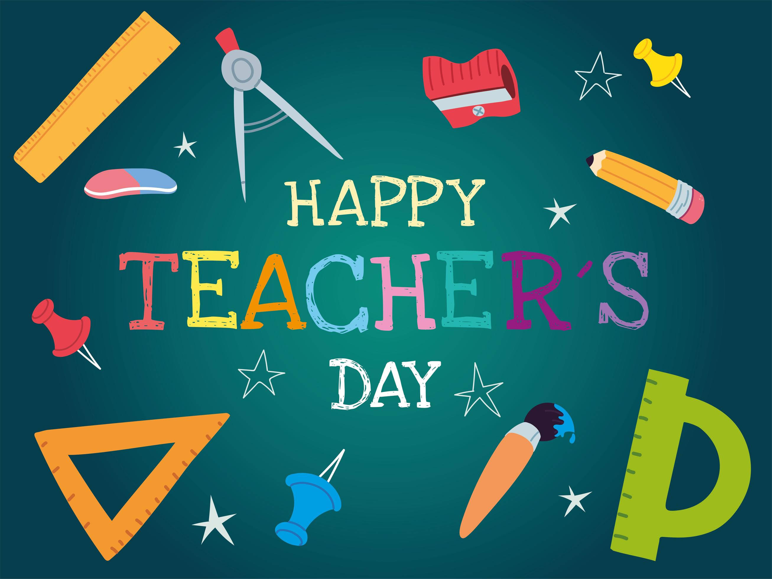 vector 桌布 壁紙 — 色彩繽紛的課室用品漂浮在一個愉快的「Happy Teacher's Day」訊息周圍，背景是青綠色的黑板。