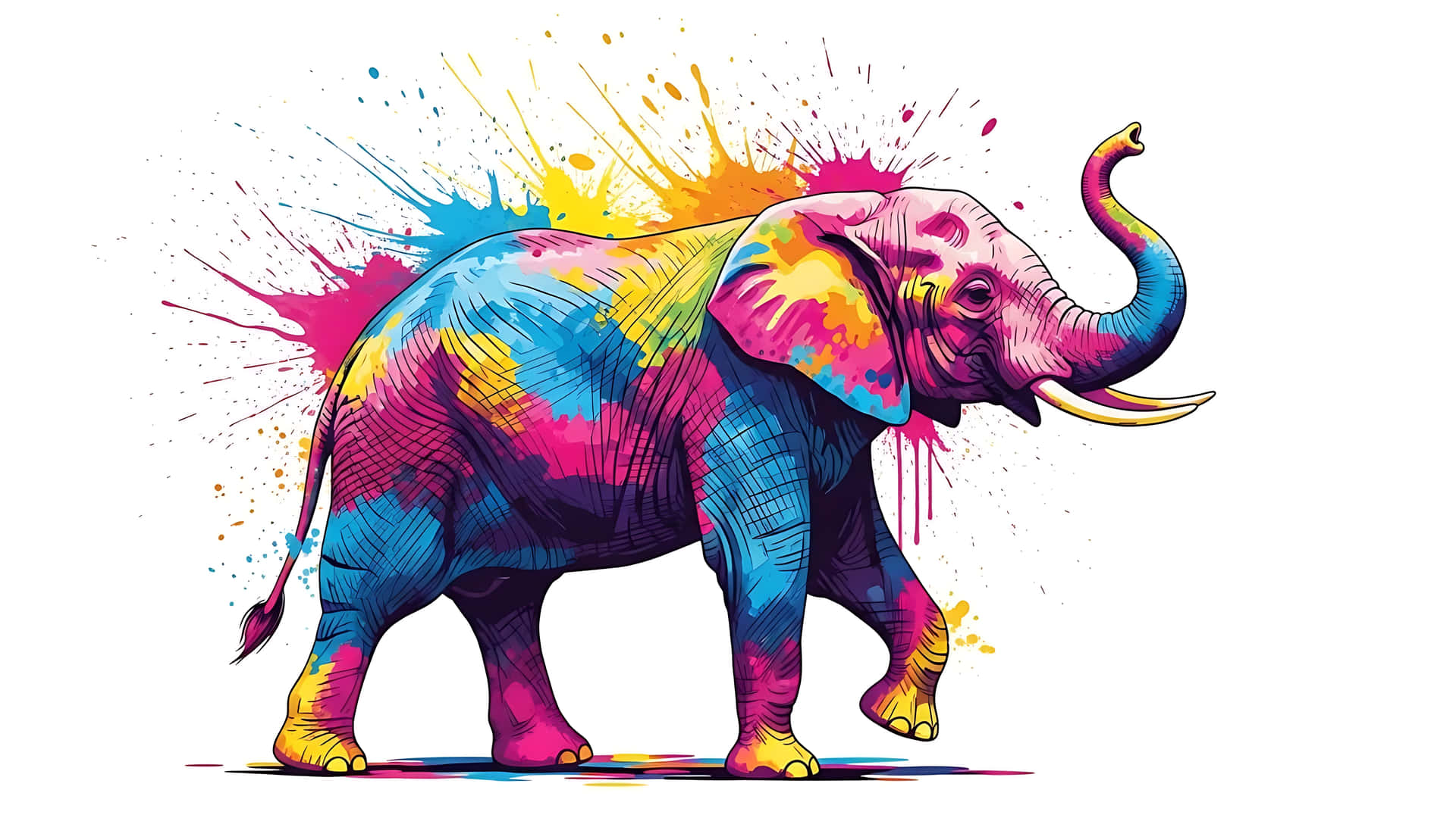 白色背景上，一頭色彩繽紛的大象被顏料濺滿。