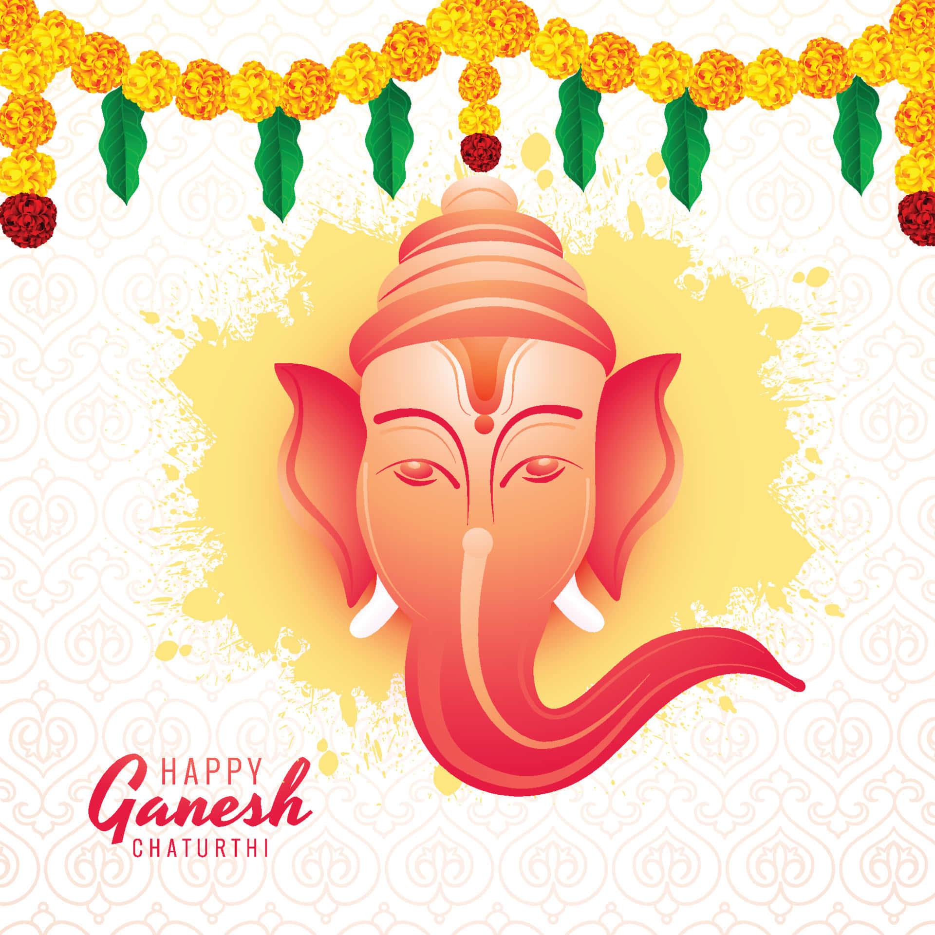 Ganesh Chaturthi 桌布 壁紙 — 色彩繽紛的象神迦內什插圖，配以金盞花花環，在圖案背景前慶祝Ganesh Chaturthi。