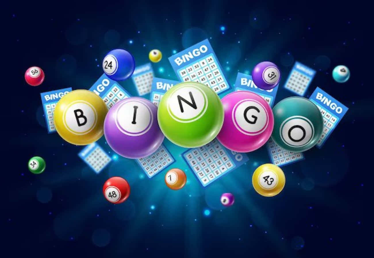 Bingo 桌布 壁紙 — 色彩繽紛的賓果球和卡片在帶有發光粒子的宇宙藍色背景上動態漂浮。