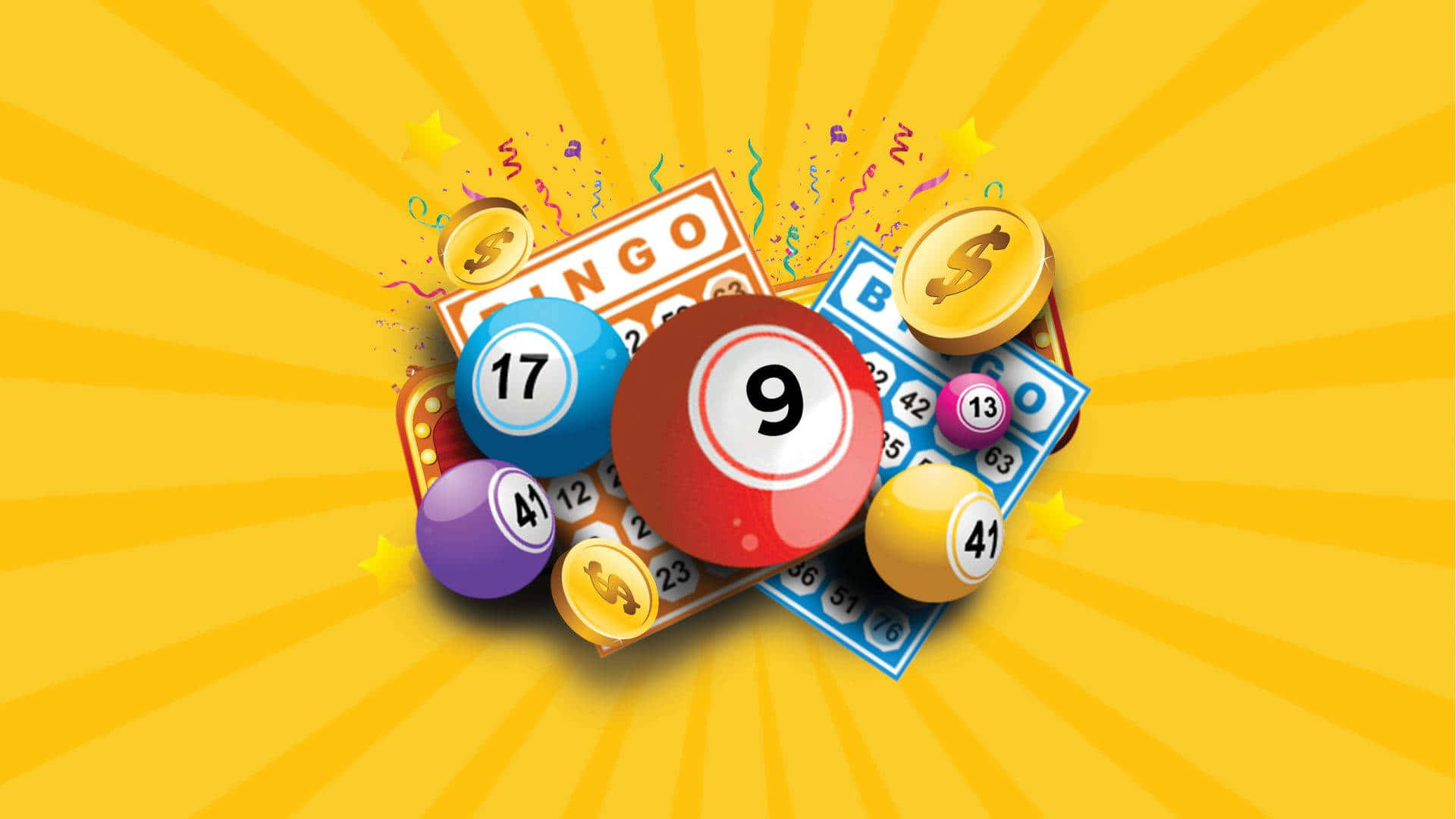 Bingo 桌布 壁紙 — 色彩繽紛的賓果球和卡片在燦爛的黃色太陽爆發背景上爆開，伴隨著五彩紙屑。
