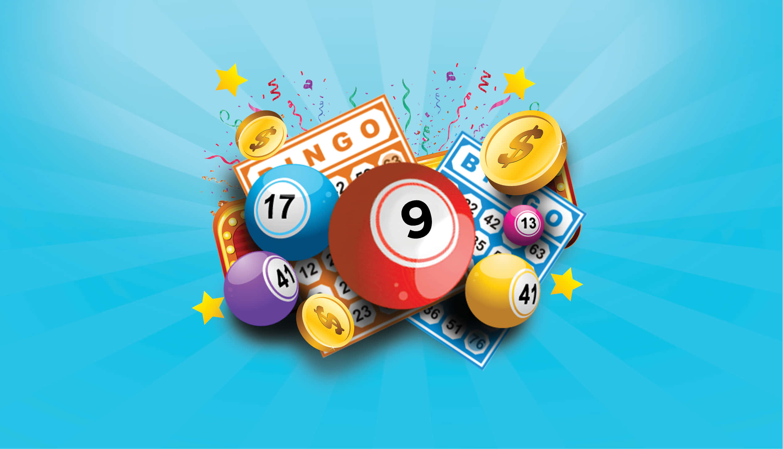 Bingo 桌布 壁紙 — 色彩繽紛的賓果球和卡片在閃耀的藍色背景上爆出五彩紙屑。
