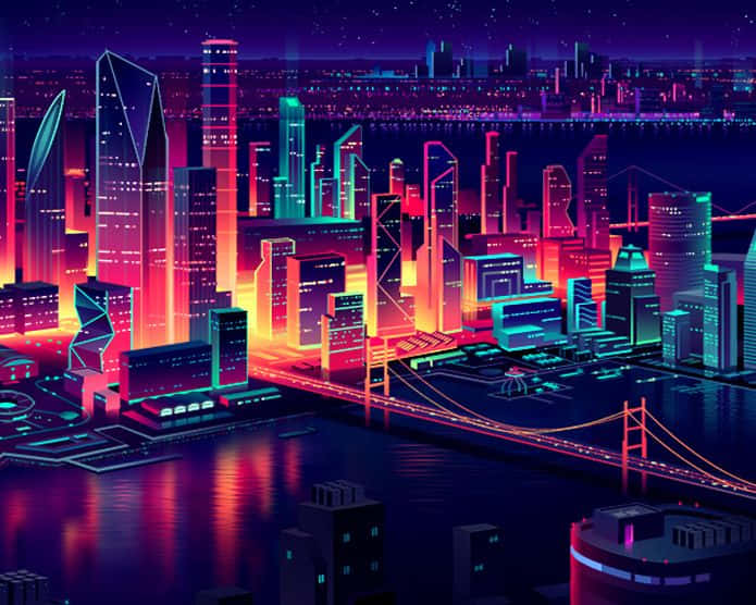 未來城市夜景，霓虹燈光倒映在水面上。