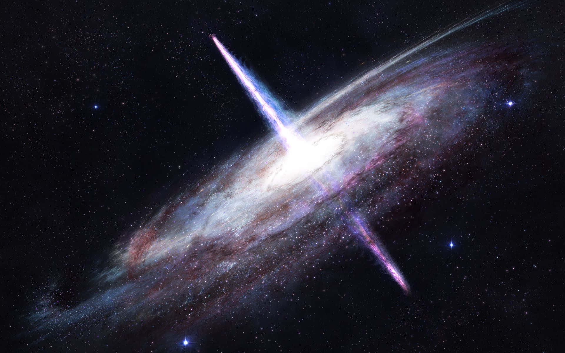 色彩繽紛的超新星照亮夜空 壁紙 — 一個充滿活力的螺旋星系，帶有發光的紫色和白色旋臂，在星空背景下旋轉。