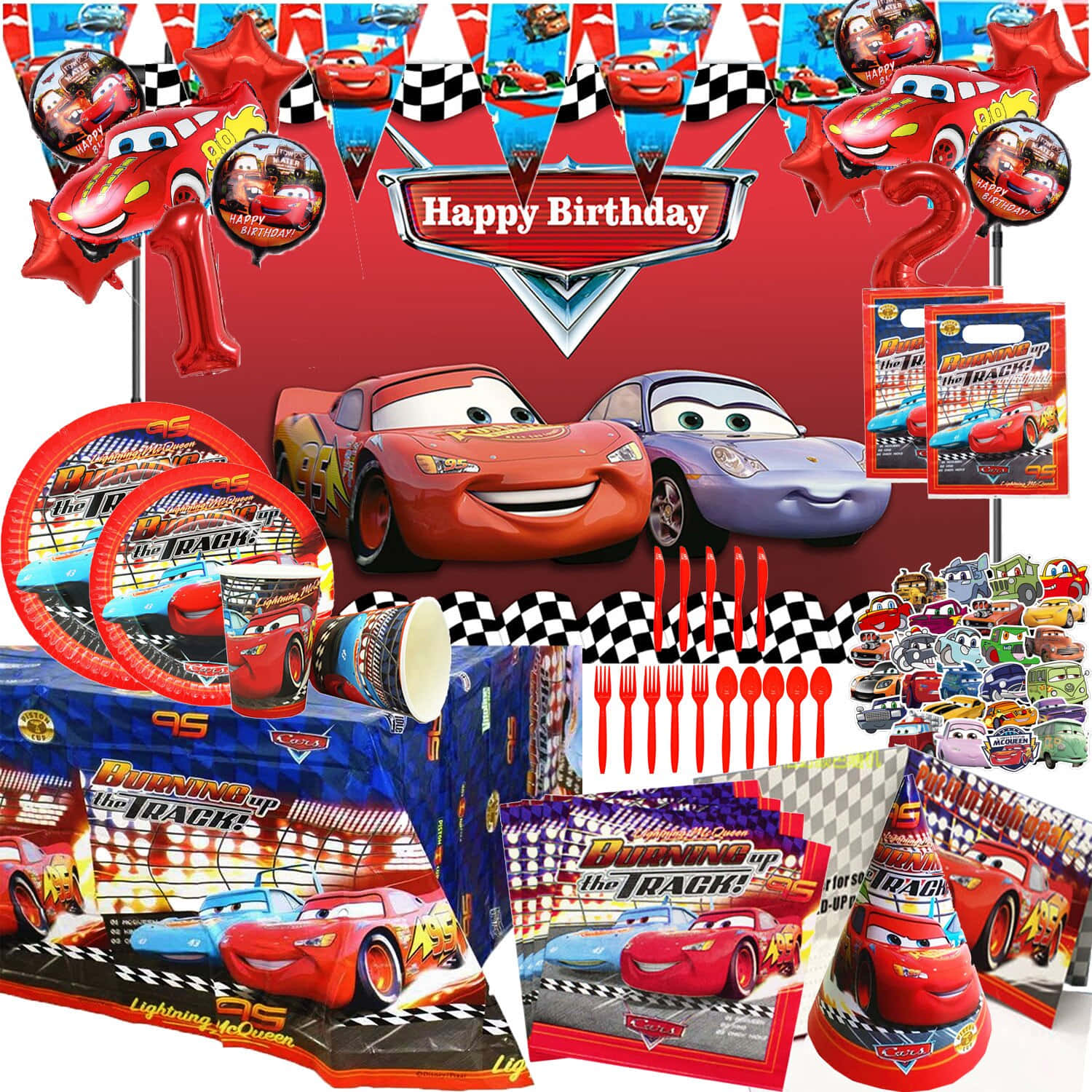 閃電王麥坤 桌布 壁紙 — 色彩繽紛的迪士尼《反斗車王》生日派對用品， featuring 閃電王麥坤和朋友們，紅色格仔旗和賽車主題。
