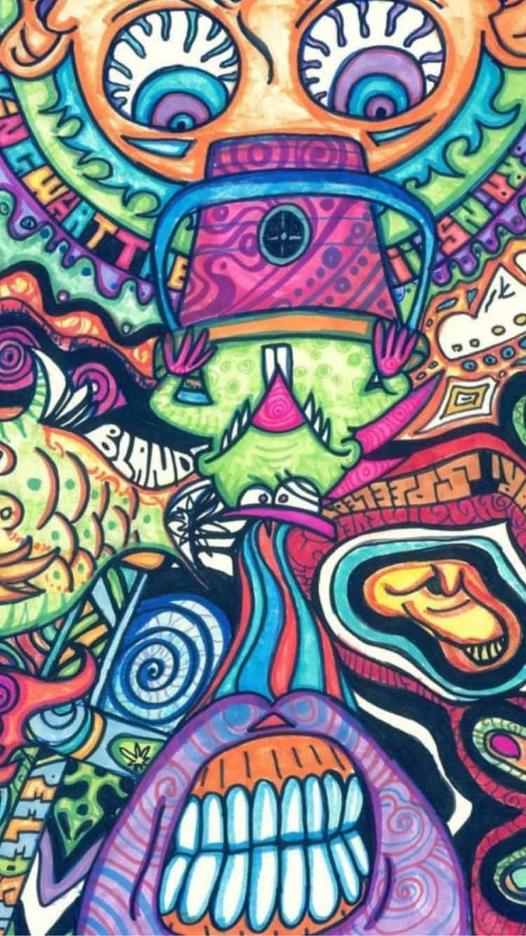 色彩繽紛的迷幻藝術作品（適用於iPhone 6） 壁紙 — 充滿電光色彩的迷幻插圖，迸發出超現實卡通面孔和漩渦圖案。