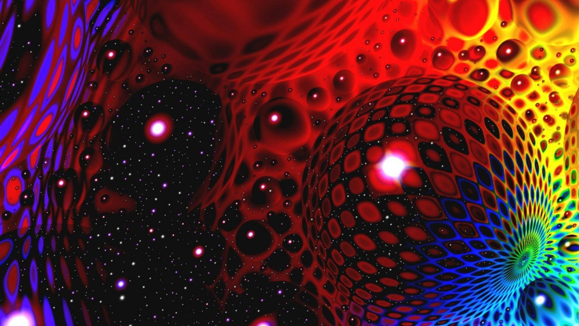 迷幻的宇宙漩渦，帶有發光球體和旋轉的彩虹圖案，背景是星空虛空。