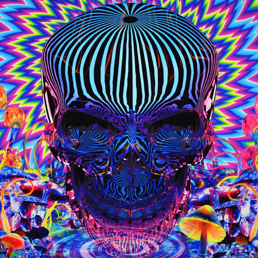 色彩繽紛的迷幻蘑菇 壁紙 — 一個帶有發光藍色條紋的迷幻骷髏頭，周圍環繞著充滿活力的霓虹蘑菇和漩渦圖案。