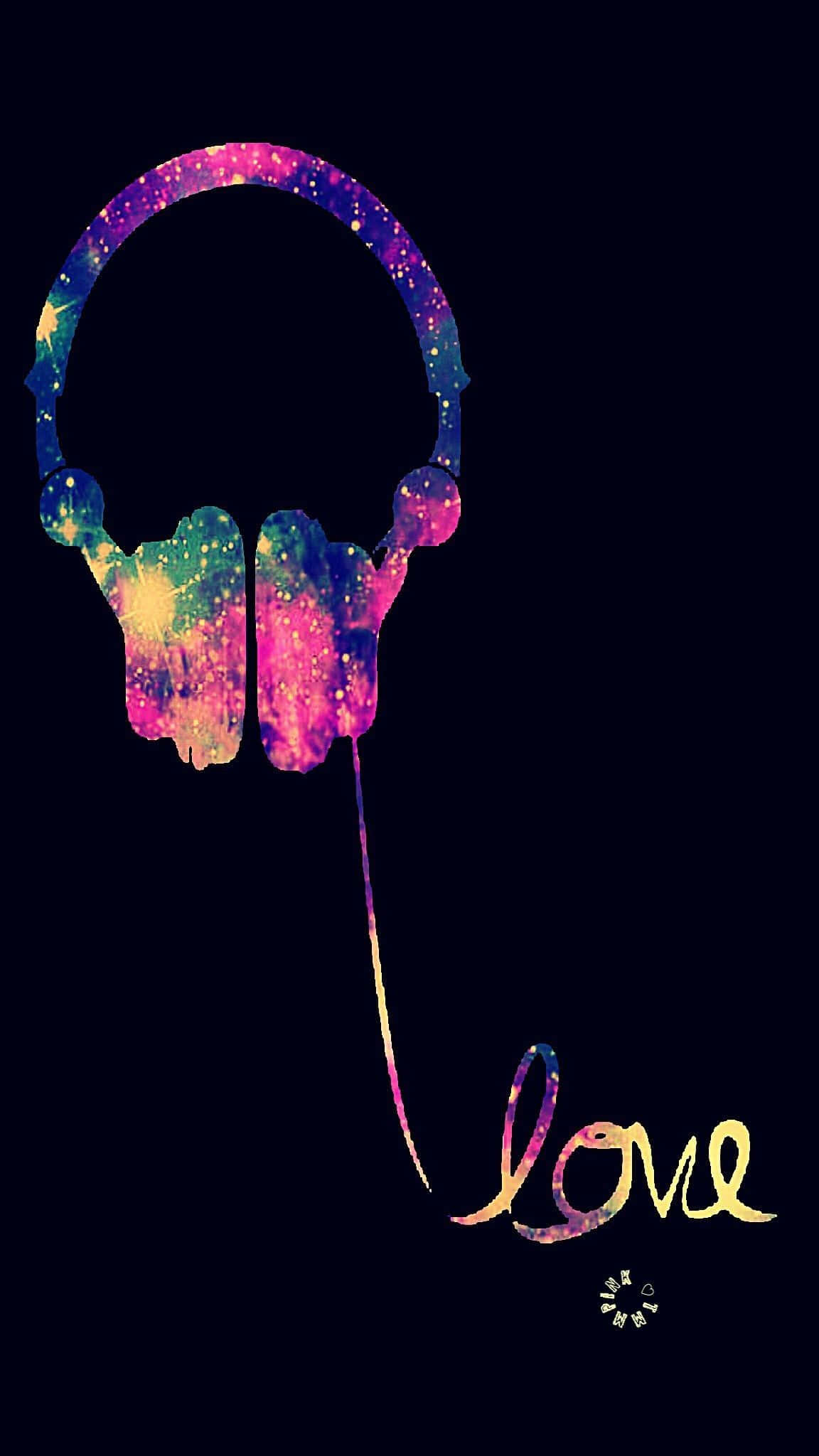 Cute Music 桌布 壁紙 — 色彩繽紛的銀河圖案填滿耳機輪廓，背景為深色，下方有手寫體愛心文字。