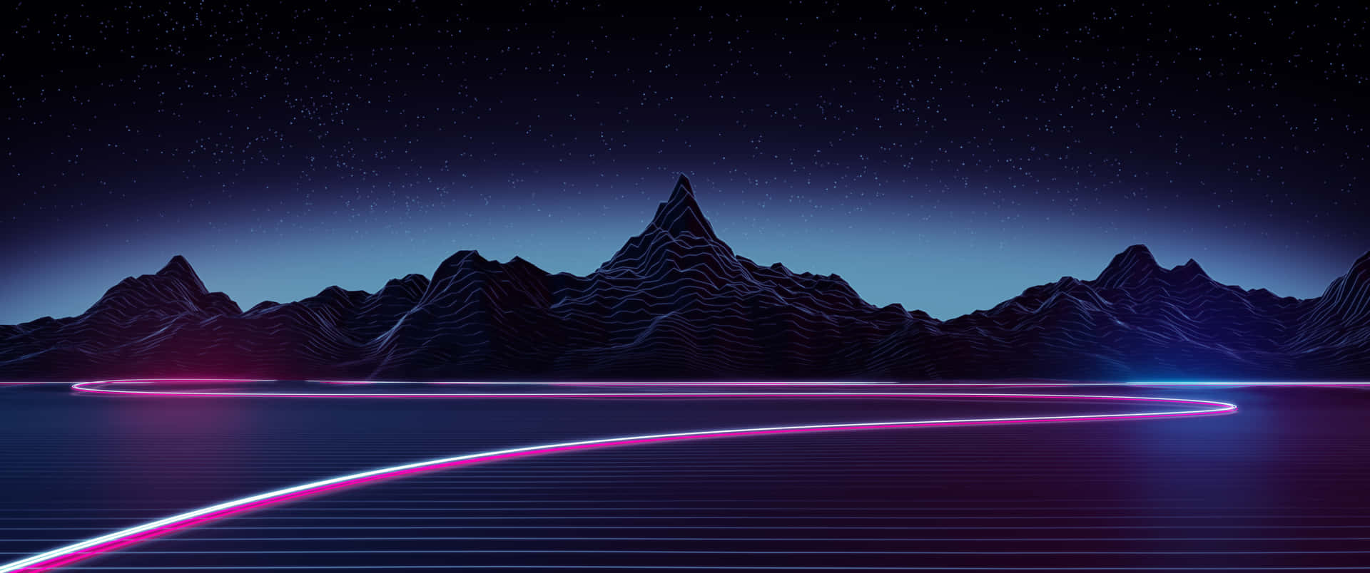 霓虹發光線條在星空下彎曲穿過網格地板，背景是山脈輪廓。