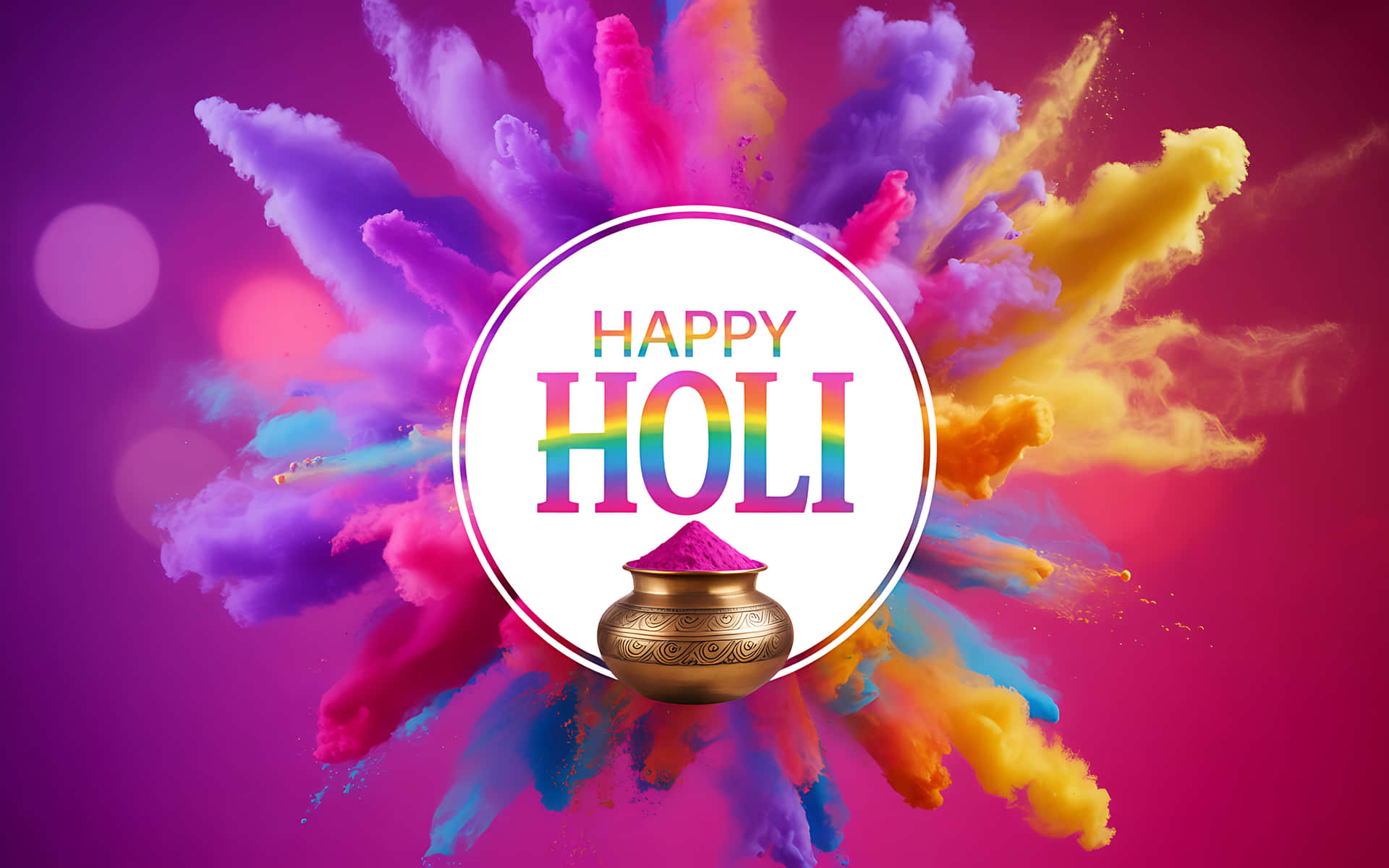 Happy Holi 節日圖形，帶有爆炸的彩色粉末和金色罐子