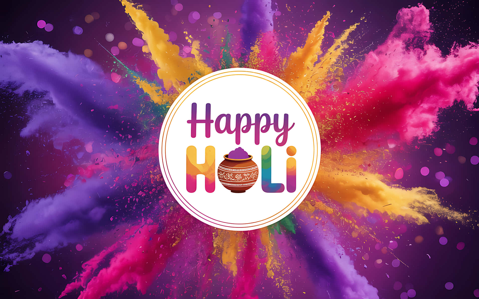 Happy Holi 節日圖形，帶有彩色粉末爆炸和裝飾性罐子設計。