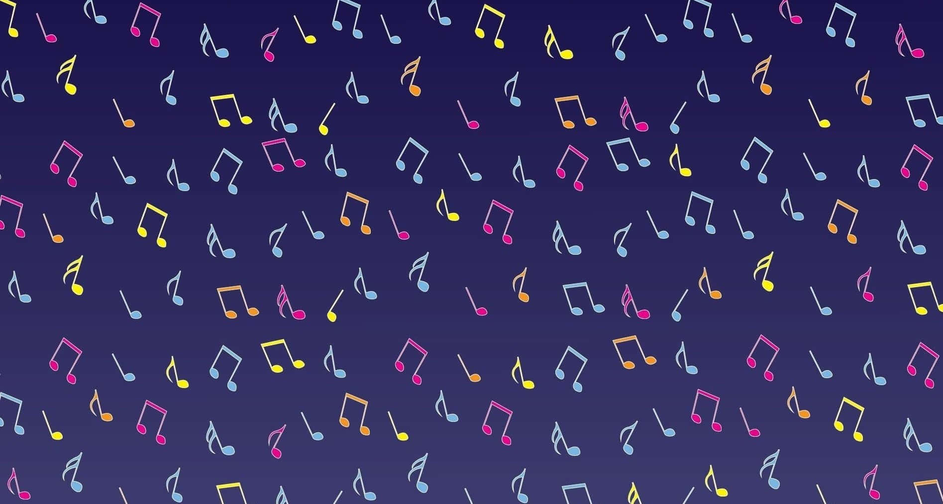 Musical 桌布 壁紙 — 色彩繽紛的音樂音符在深藍色漸變背景上以俏皮的散落圖案漂浮。