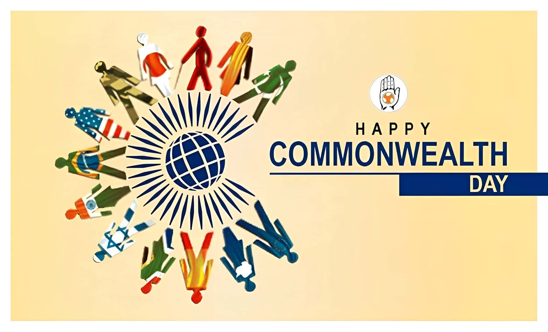 Commonwealth Day 桌布 壁紙 — 色彩繽紛的風格化人物穿著多樣服飾，圍繞著帶有太陽光線的地球儀，慶祝英聯邦日。