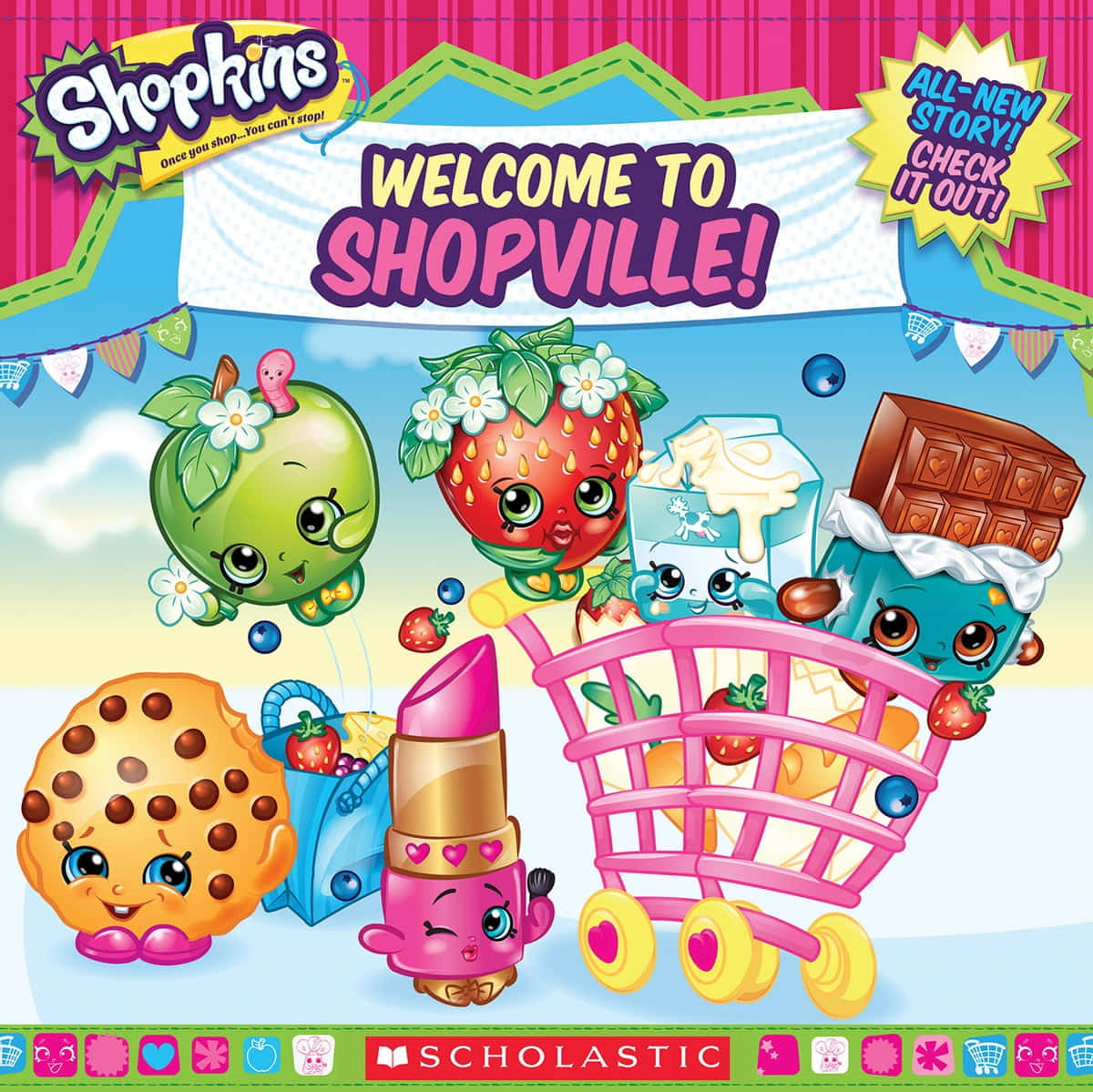 Shopkins 桌布 壁紙 — 色彩繽紛的食物造型卡通人物在節日橫幅下愉快地聚集在粉紅色購物車周圍。