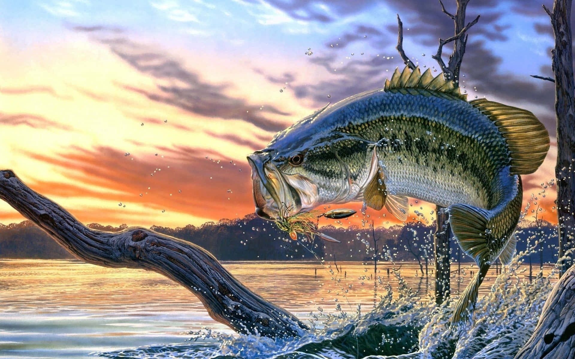 色彩繽紛的魚群在生動的珊瑚礁間游動 壁紙 — 一條巨大的鱸魚在日落時從寧靜的湖中躍起，嘴裡叼著魚餌，水花四濺，映襯著火紅的天空。