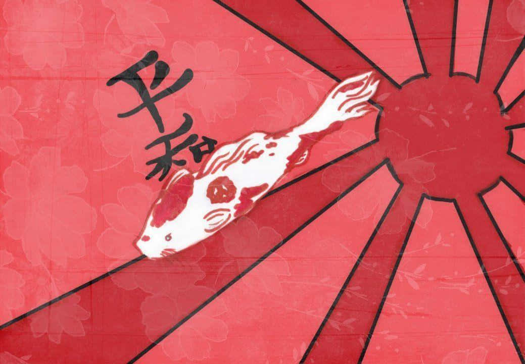 色彩繽紛的鯉魚在寧靜的水域中 壁紙 — 一條帶有紅斑的白色錦鯉在鮮紅色背景上游泳，背景有黑色光線和細微的櫻花。