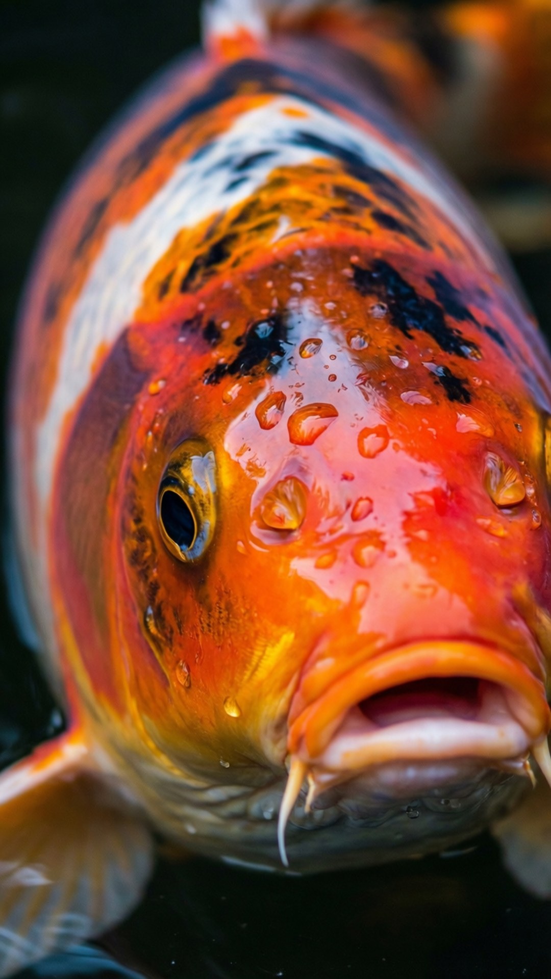 色彩繽紛的鯉魚特寫 壁紙 — 一條充滿活力的橙色錦鯉近照，帶有黑白圖案，水滴在其濕潤的鱗片上閃閃發光。