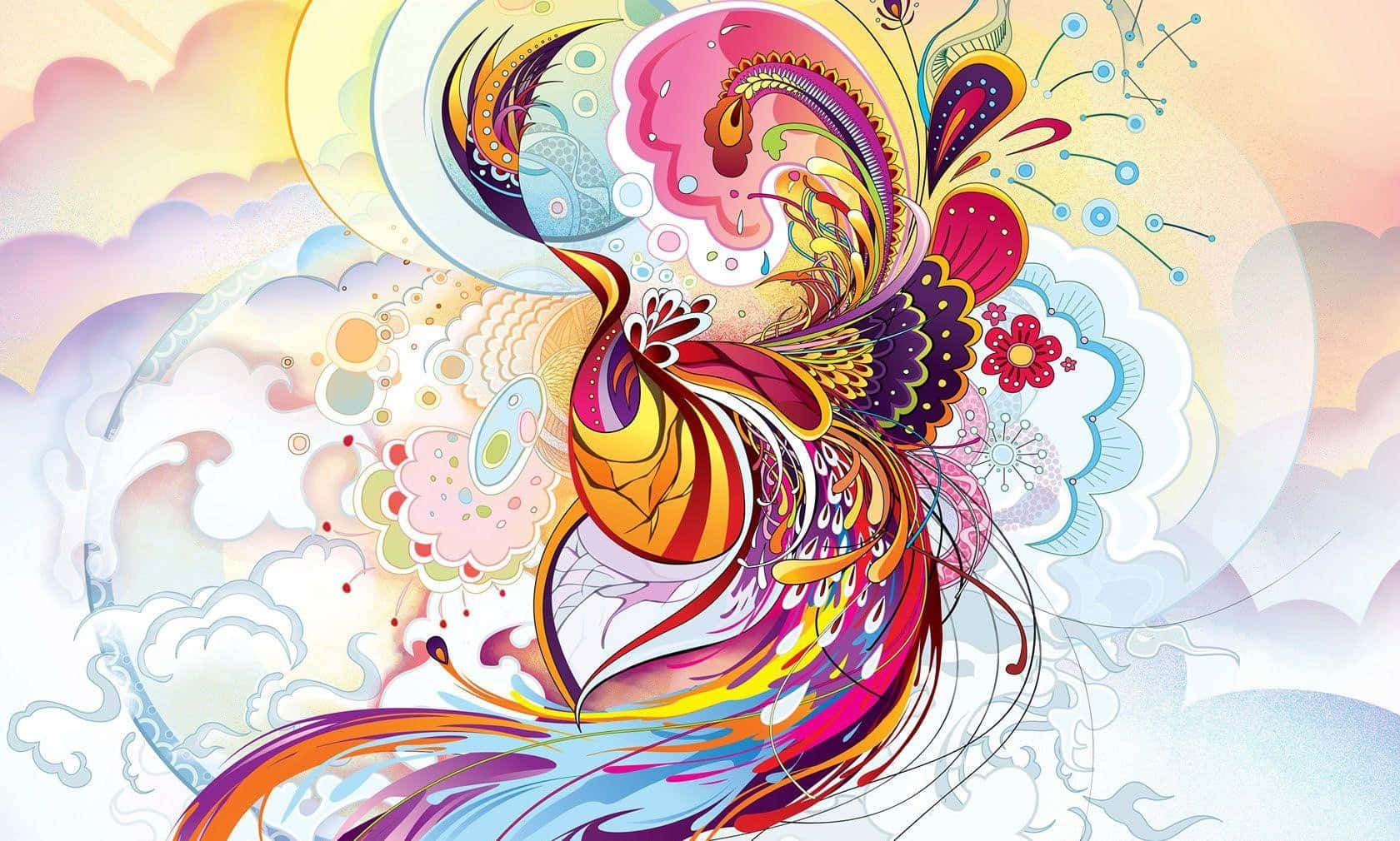 色彩繽紛的鳥兒，羽毛與漩渦圖案交織 壁紙