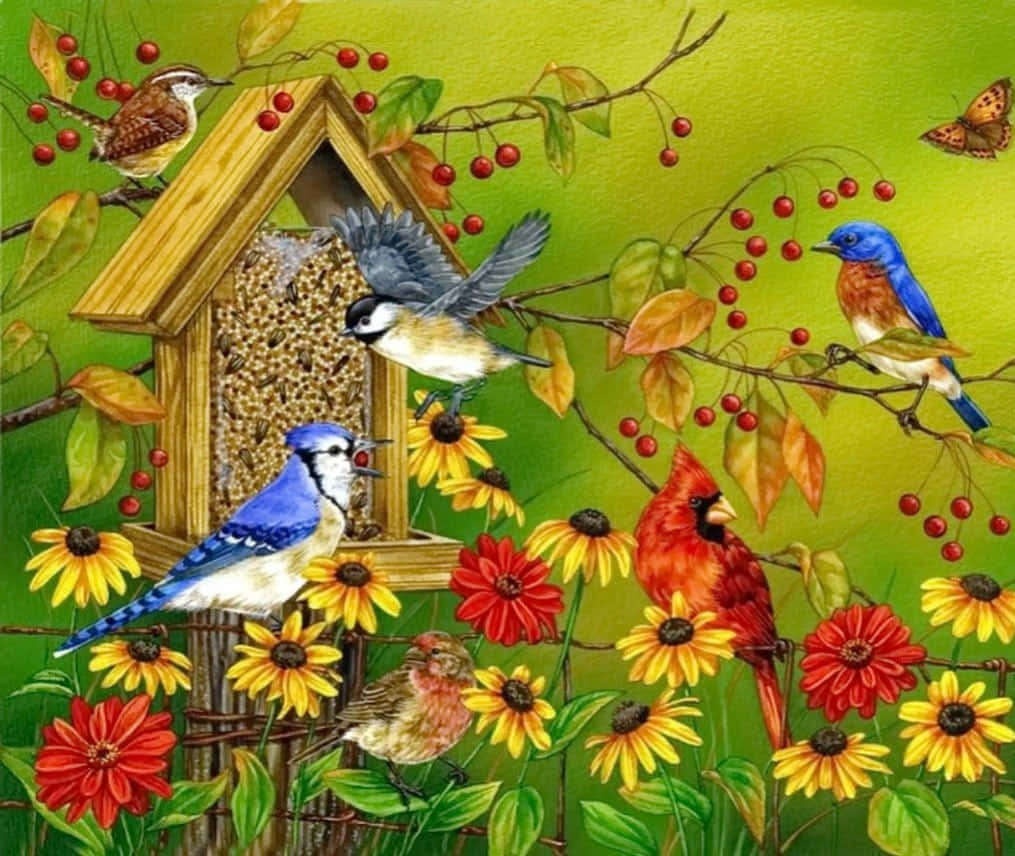 Birds Chirping 桌布 壁紙 — 色彩繽紛的鳥類棲息在樹枝和餵食器上的生動繪畫場景，周圍環繞著紅色漿果和盛開的花朵。