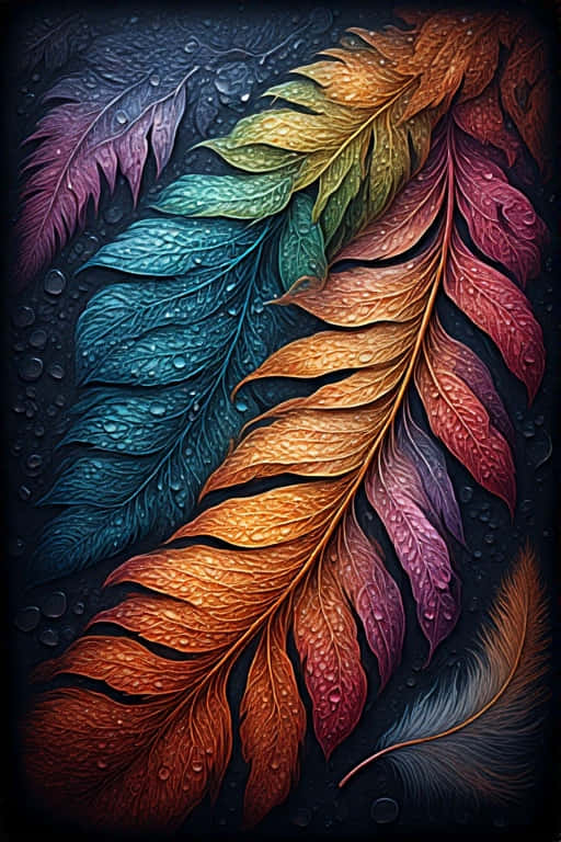 深色背景上的彩虹羽毛與露珠