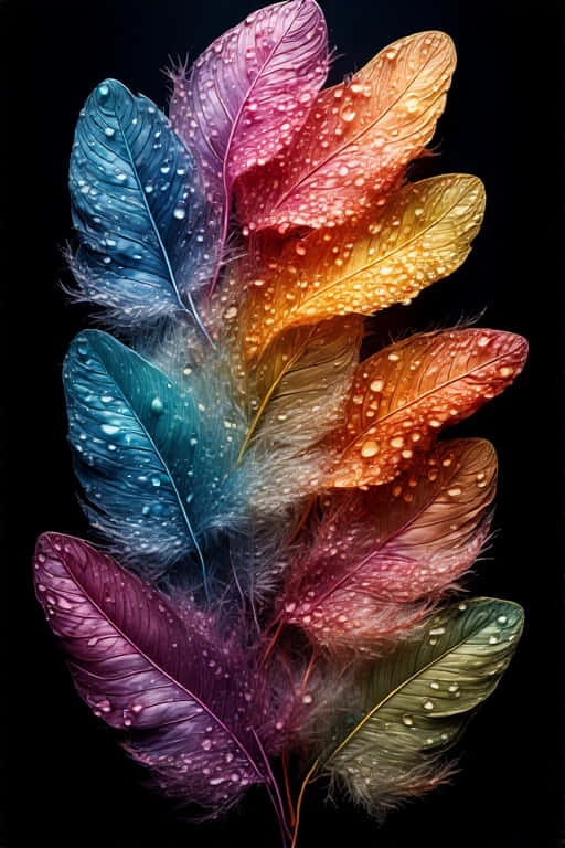 黑色背景上帶有水珠的彩色羽毛