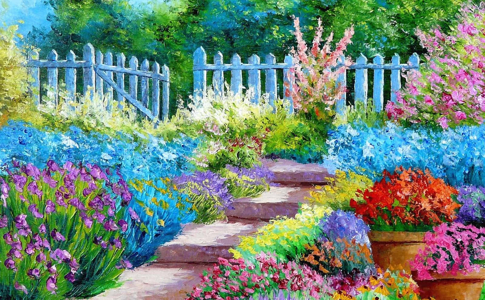 色彩繽紛花園中的美麗盛放 壁紙 — 一幅充滿活力的油畫，描繪了一條石徑蜿蜒穿過色彩繽紛的花園，花園裡開滿了紫色、粉紅色和藍色的花朵，天空明亮。